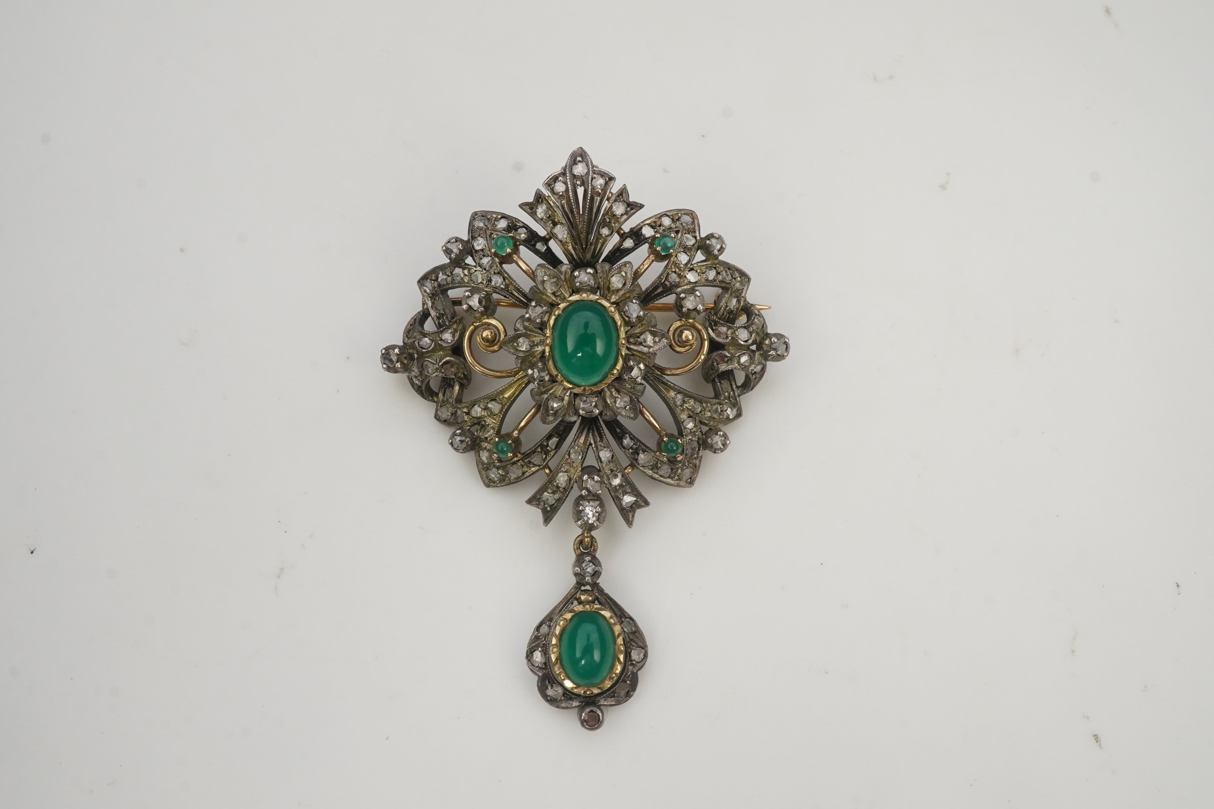 A green chalcedony and diamond brooch, mid 20th century